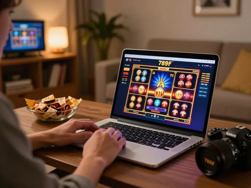 Engaging in online gaming at 789F đăng nhập on a laptop with vibrant slot visuals.