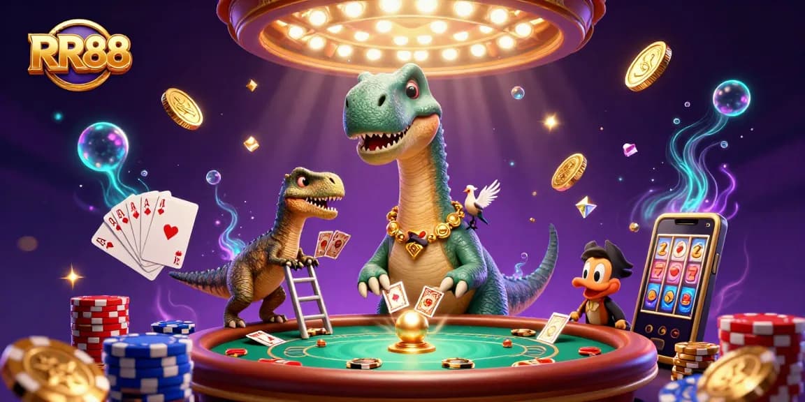 Bet on thrilling adventures with RR88, featuring a giant brontosaurus and raptor dealer in a vibrant casino.