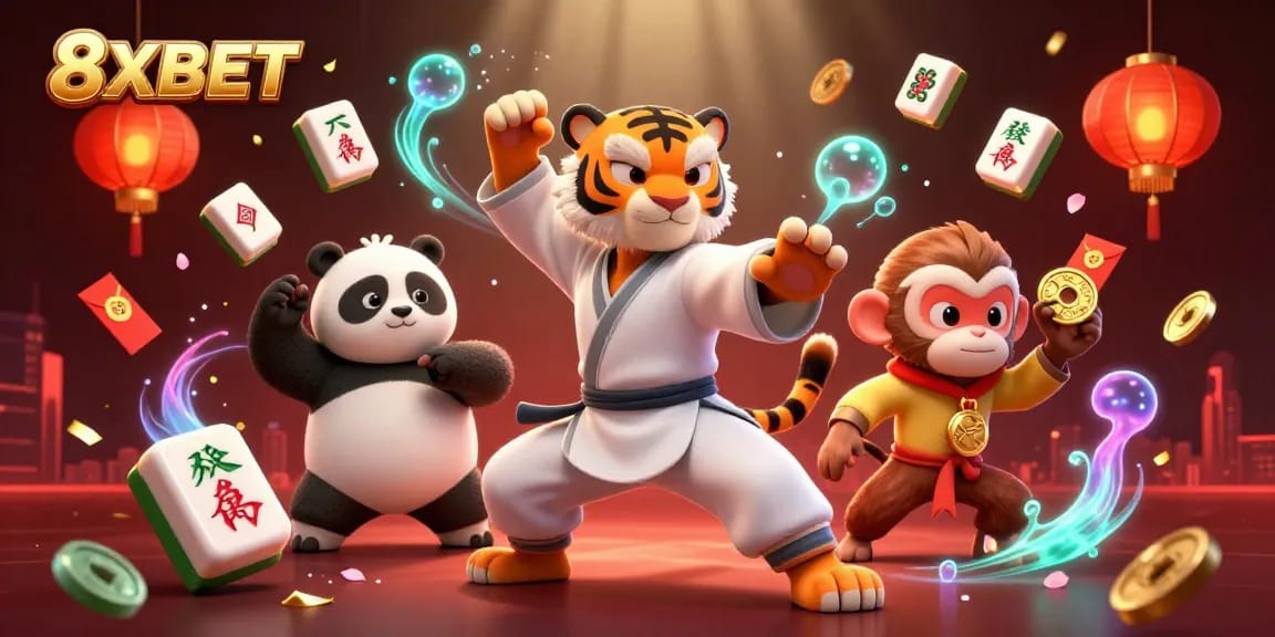 Play with 8XBET's dynamic casino elements featuring playful characters and vibrant decorations.