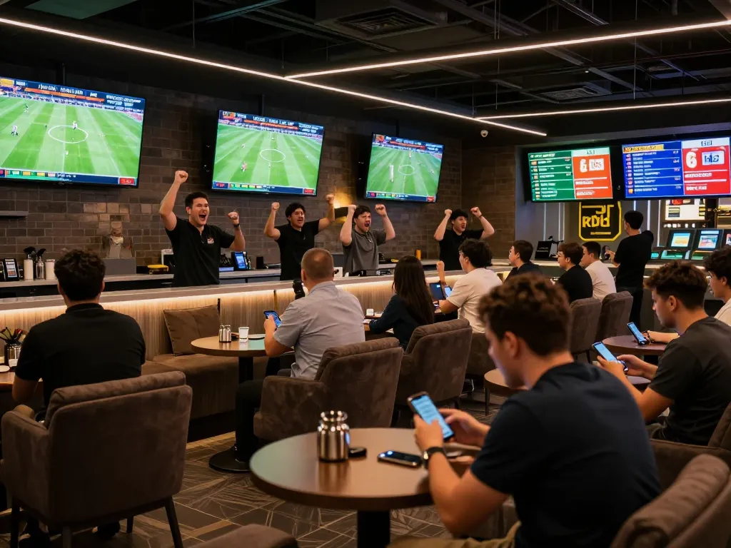 View of enthusiastic fans placing bets on kqbd in a lively sports betting lounge with screens