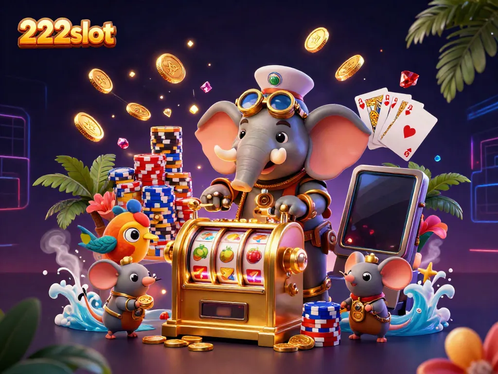 Mesin slot dibuat oleh 222slot dengan karakter gajah rekayasa, koin emas, dan efek cahaya.