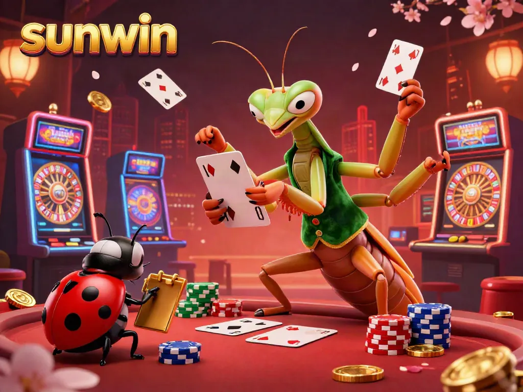 Engage with sunwin's thrilling casino scene featuring a praying mantis card sharp and ladybug pit boss amidst vibrant gaming elements.