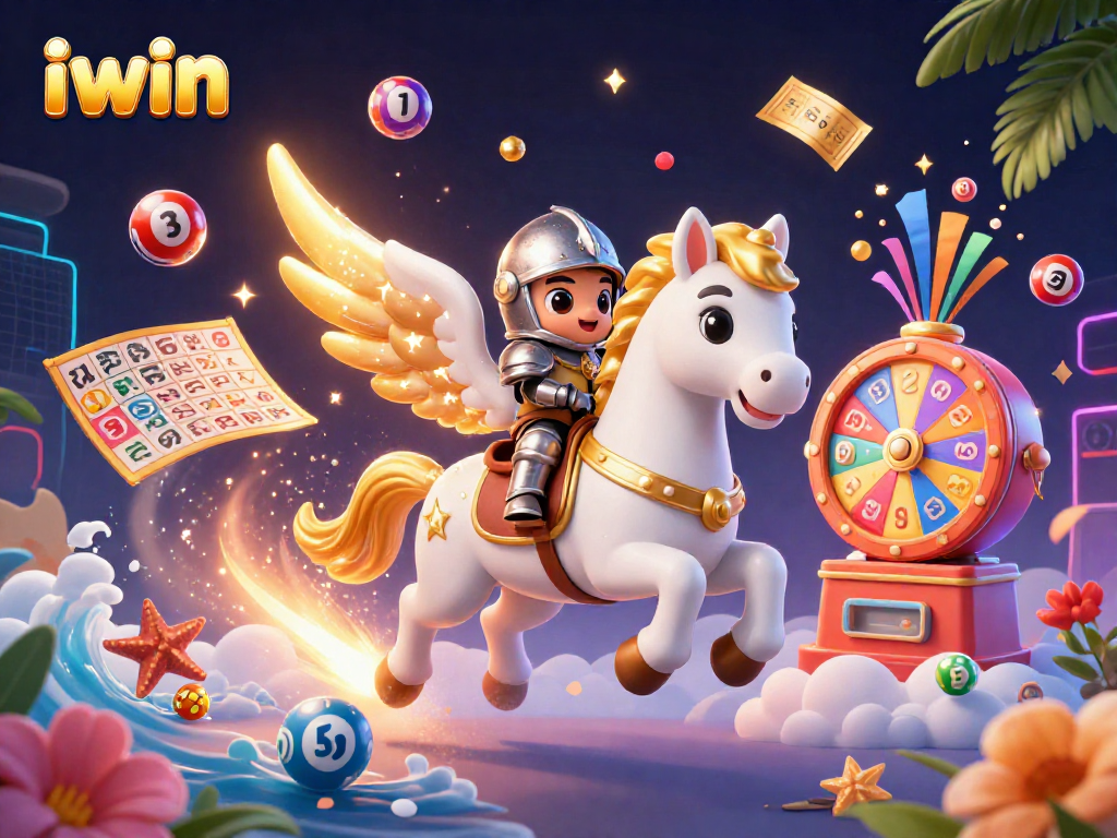 iwin promotes excitement with a celestial horse, knight, and vibrant lottery game elements.