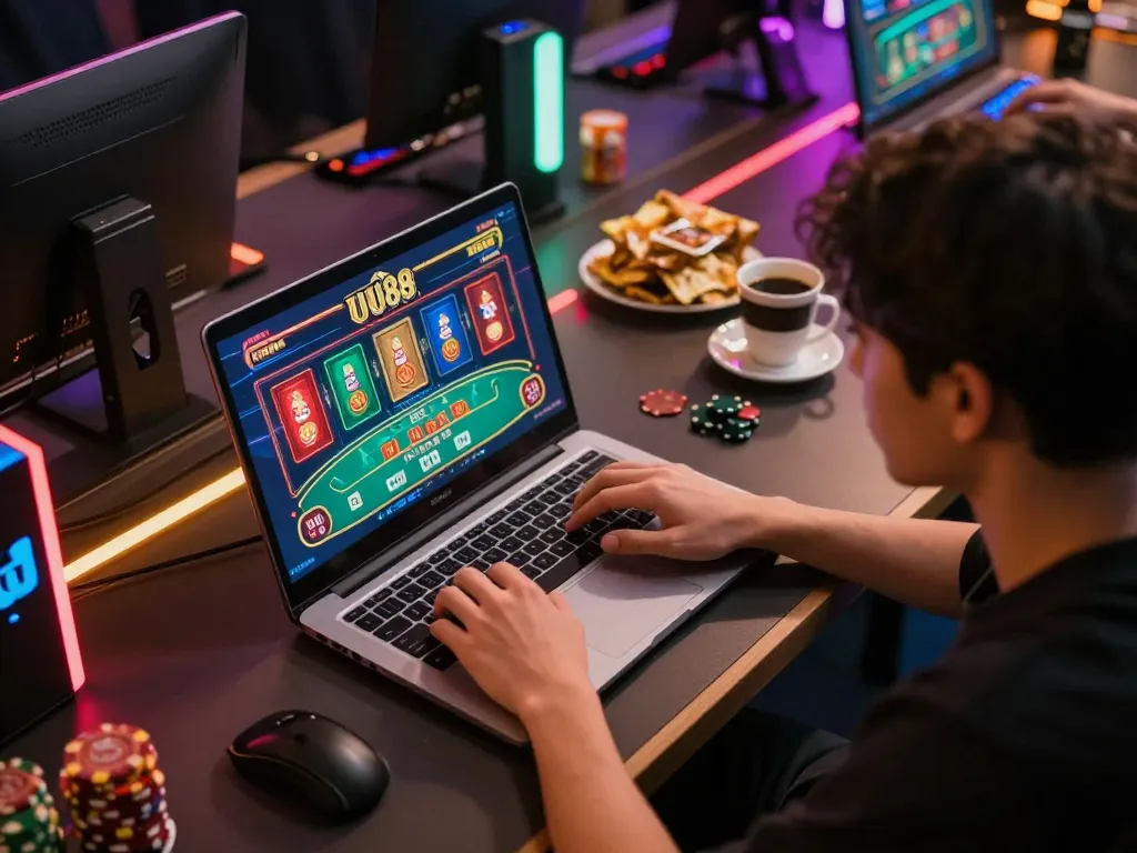 Engaging player accessing dynamic UU88 online poker game on laptop, showcasing home gaming excitement.