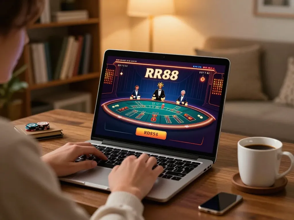 Player engages with RR88 live dealer blackjack at home, showcasing strategic gaming in a cozy environment.
