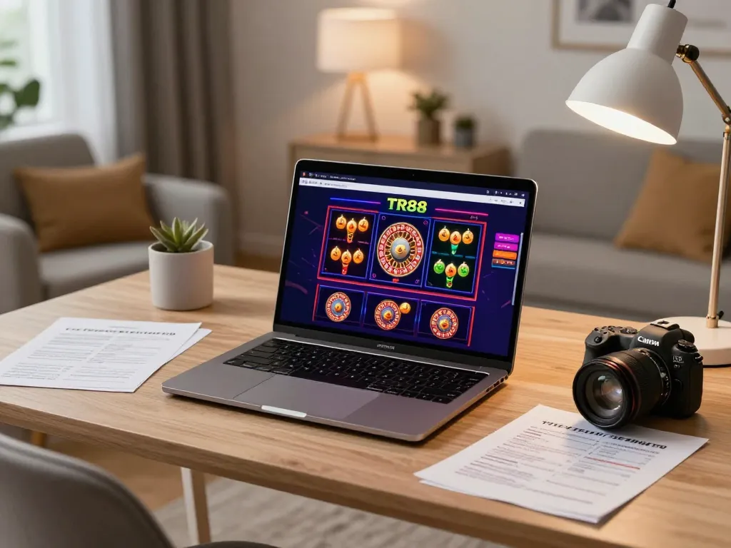Engaging gameplay at TR88 casino on a sleek laptop in a cozy home setting.