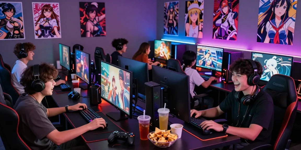 Players enjoying an ecchi game together online with vibrant gaming setups and anime backgrounds.