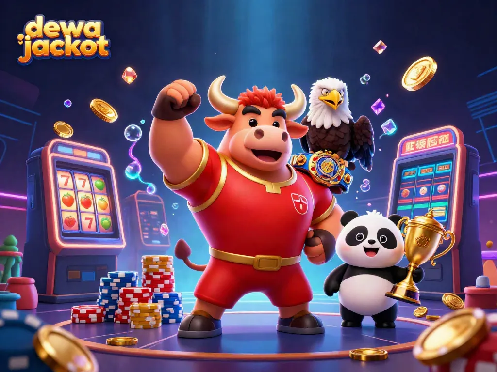 Slot permainan dewa jackpot dengan karakter lucu dan simbol yang menarik dalam ilustrasi 3D