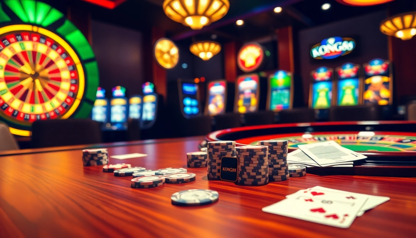 Experience thrilling gaming with KONG88 at a luxurious casino table full of poker chips and cards.