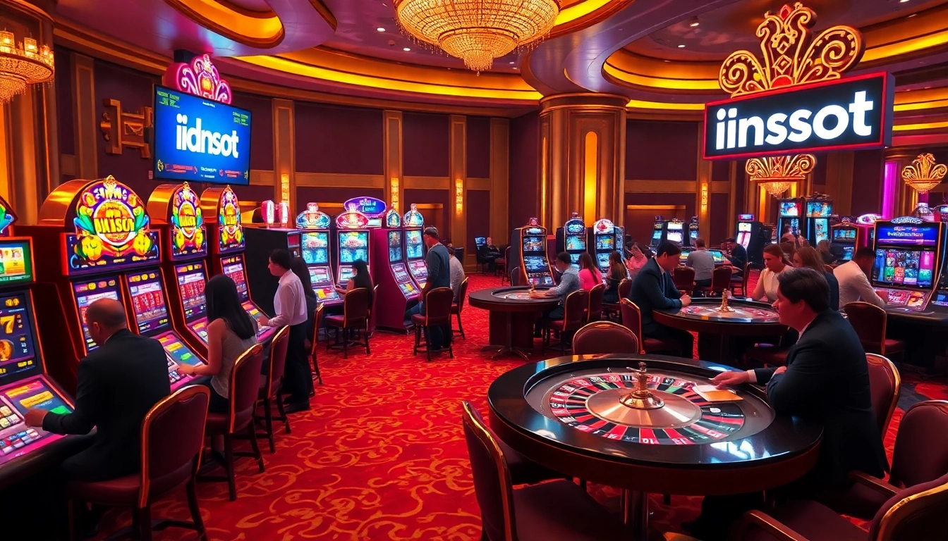 Experience the excitement of idnslot in a vibrant casino scene filled with slot machines and poker tables.