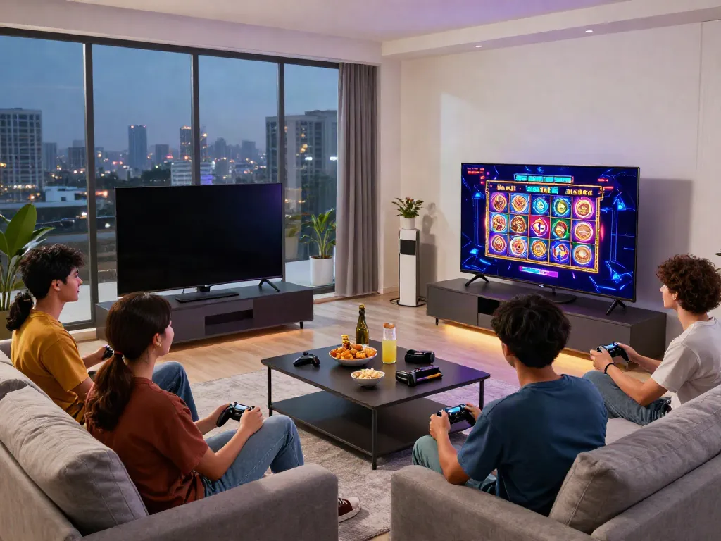 SLOT GACOR gaming session with friends in a modern living room.