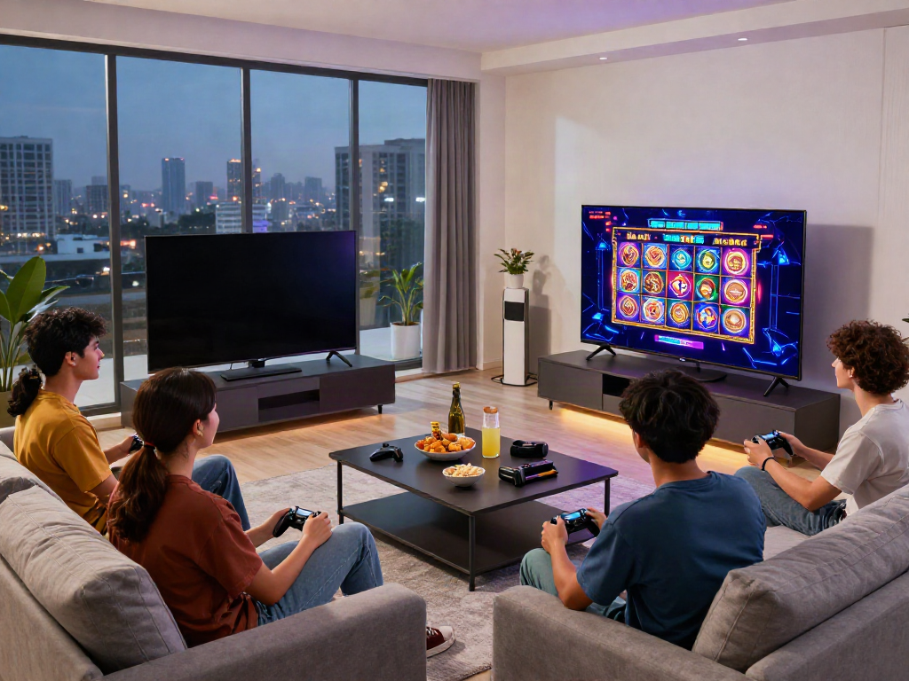 SLOT GACOR gaming session with friends in a modern living room.