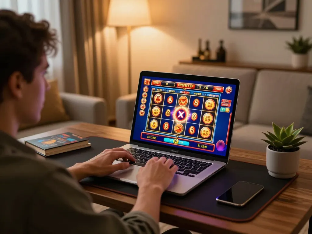 100vip player enjoying an online slot game in a stylish home setup, emphasizing fun and responsible gaming.