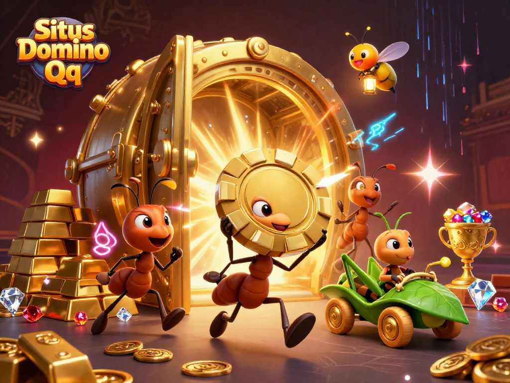 Ant team in a colorful heist scene showcasing Situs Domino Qq with a gigantic golden poker chip.