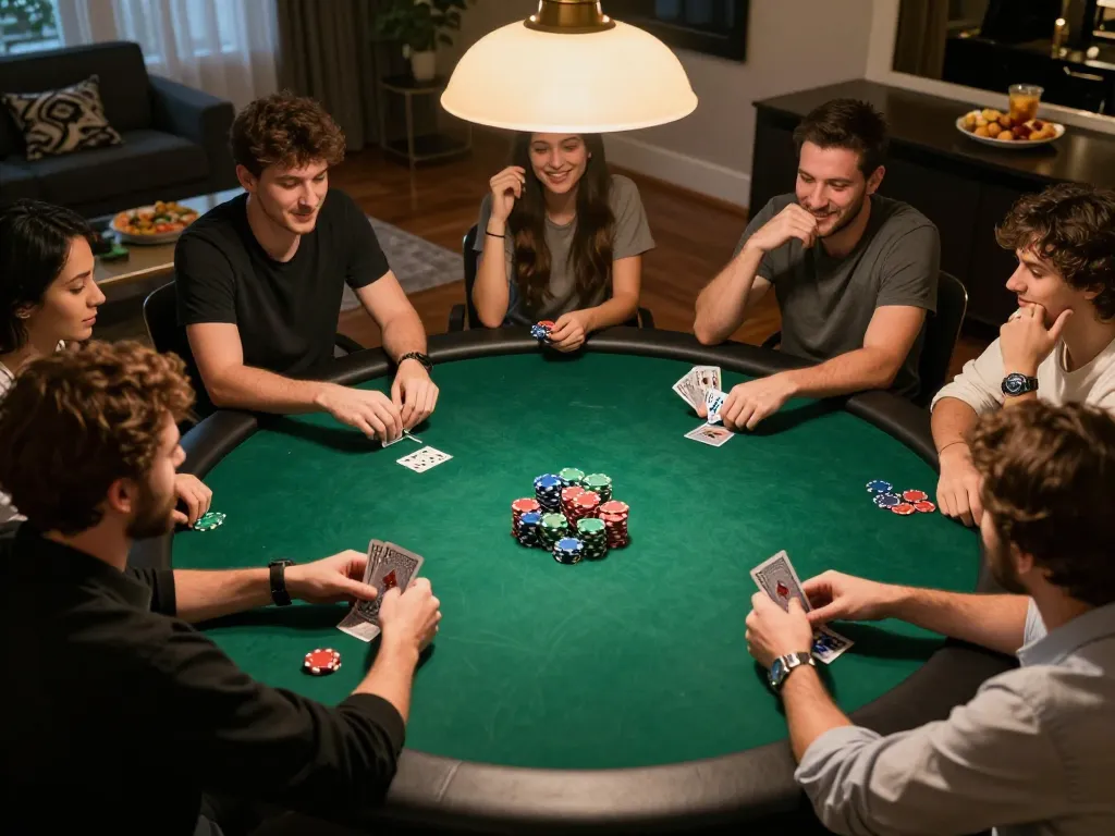 Players enjoying an engaging poker game at home with sun win chips on the table.