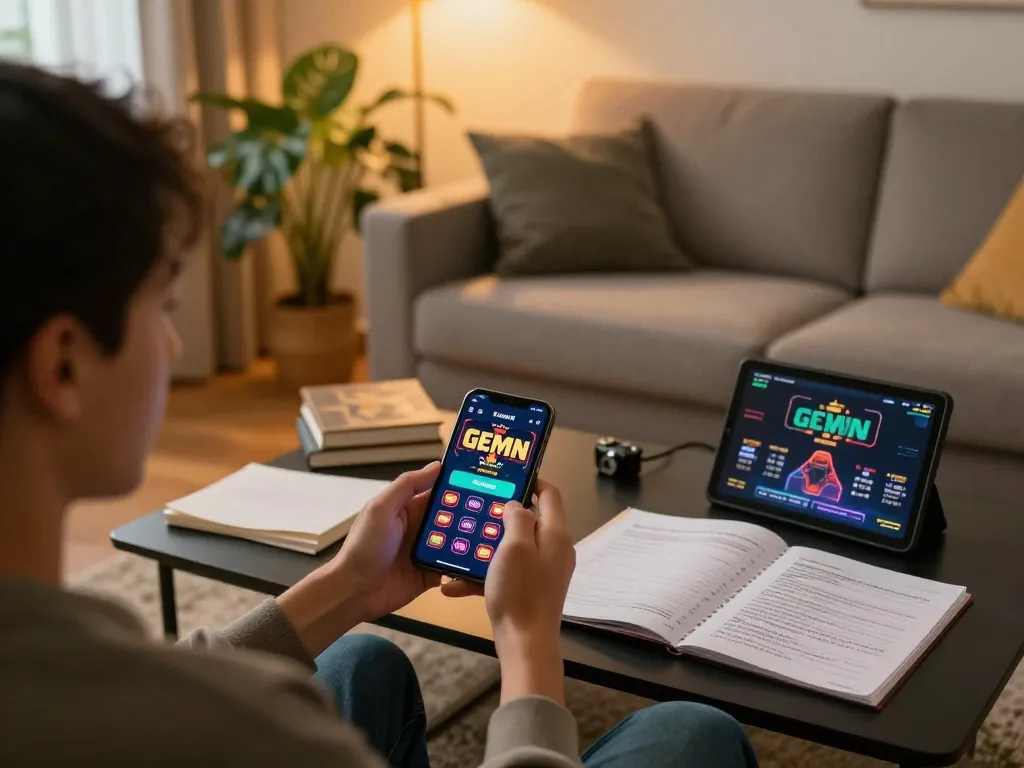 Engaging in GEM WIN mobile gaming from a cozy home setup, showcasing casino app excitement.