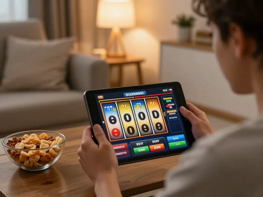 Engaging in online slot games on SC88VN tablet in cozy living room.