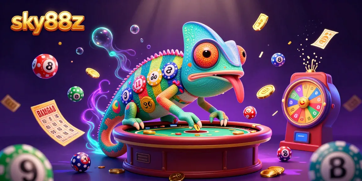 Experience vibrant excitement in sky88z's online casino illustrated with dynamic casino elements and a colorful chameleon.