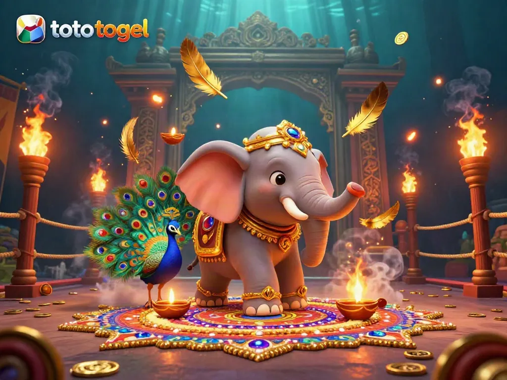 Engage with the thrilling world of toto togel with our vibrant festival-themed illustration featuring a detailed 3D elephant and peacock.