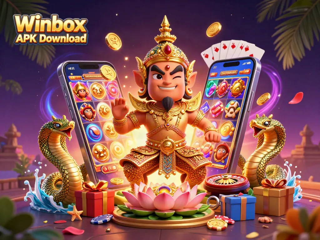 Engage with thrilling gaming action in the Winbox APK Download illustration featuring vibrant casino elements.