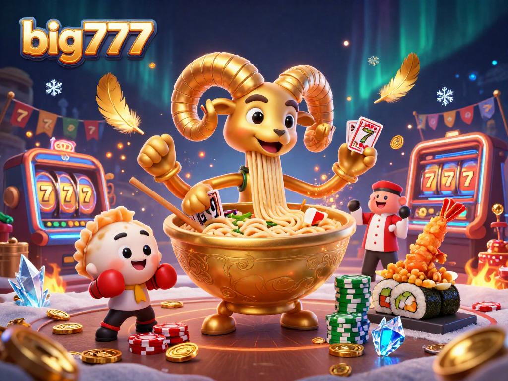 Engage with big777 at a vibrant casino, featuring animated characters and swirling lively game elements.