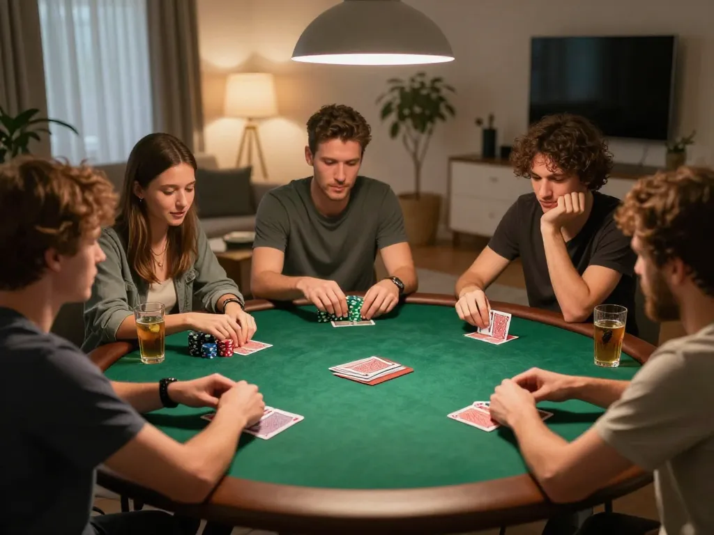 IDC88JOKER players strategizing their poker game around a cozy home table atmosphere.