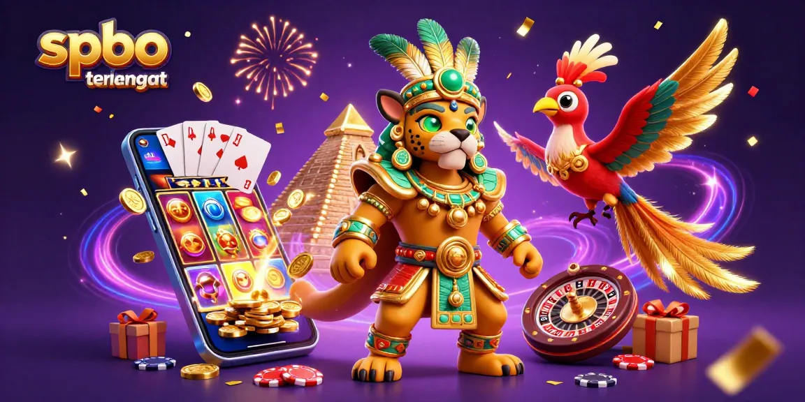 Engage in thrilling slots with spbo terlengkap - a vivid illustration of casino elements and Mayan characters.