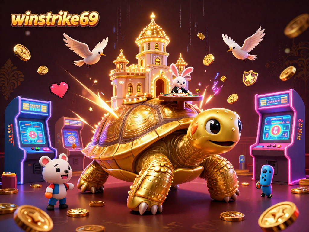 Winstrike69 showcases a vibrant casino scene with a golden tortoise and a rabbit dealer amidst arcade machines.