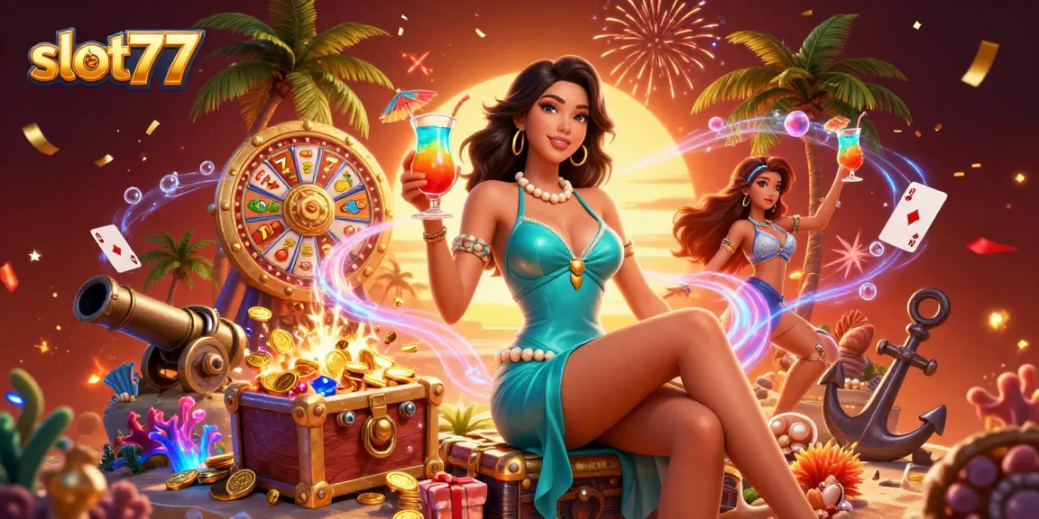 Experience thrilling gameplay with slot77 at a vibrant casino beach resort setting.