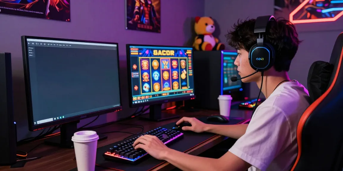 Player enjoying slot gacor games on a high-definition monitor, surrounded by gaming gear.