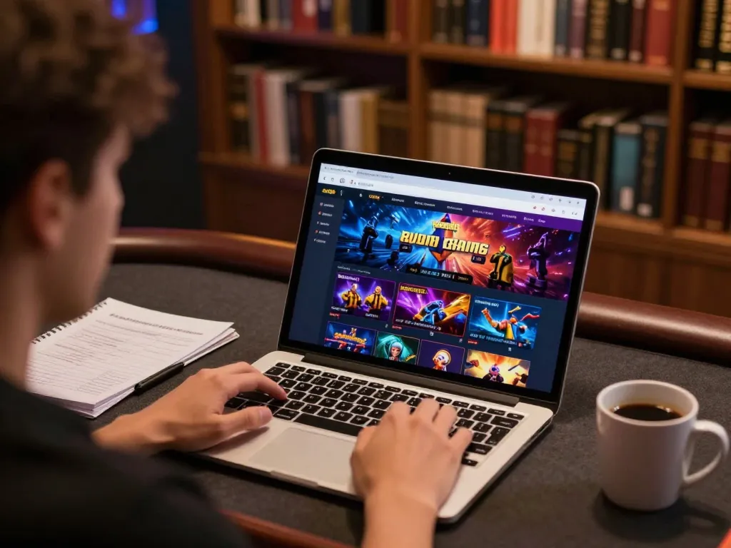 Situs slot gameplay on a laptop with vibrant interface, highlighting responsible gambling strategies.