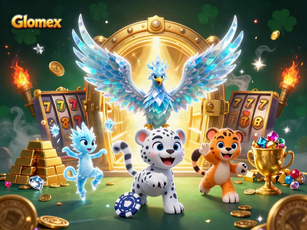 Glomex captures thrilling casino action with colorful slot reels and glowing treasures.