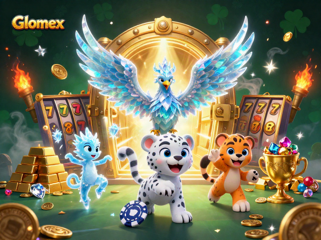 Glomex captures thrilling casino action with colorful slot reels and glowing treasures.