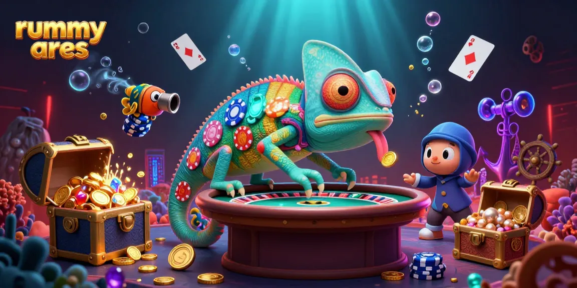 Engage in thrilling gameplay with Rummy Ares, highlighted by a vibrant chameleon casino owner and dynamic game elements.