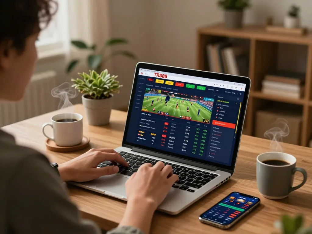 Experience the excitement of TR888 sports betting at home with a cozy setup and live odds on display.