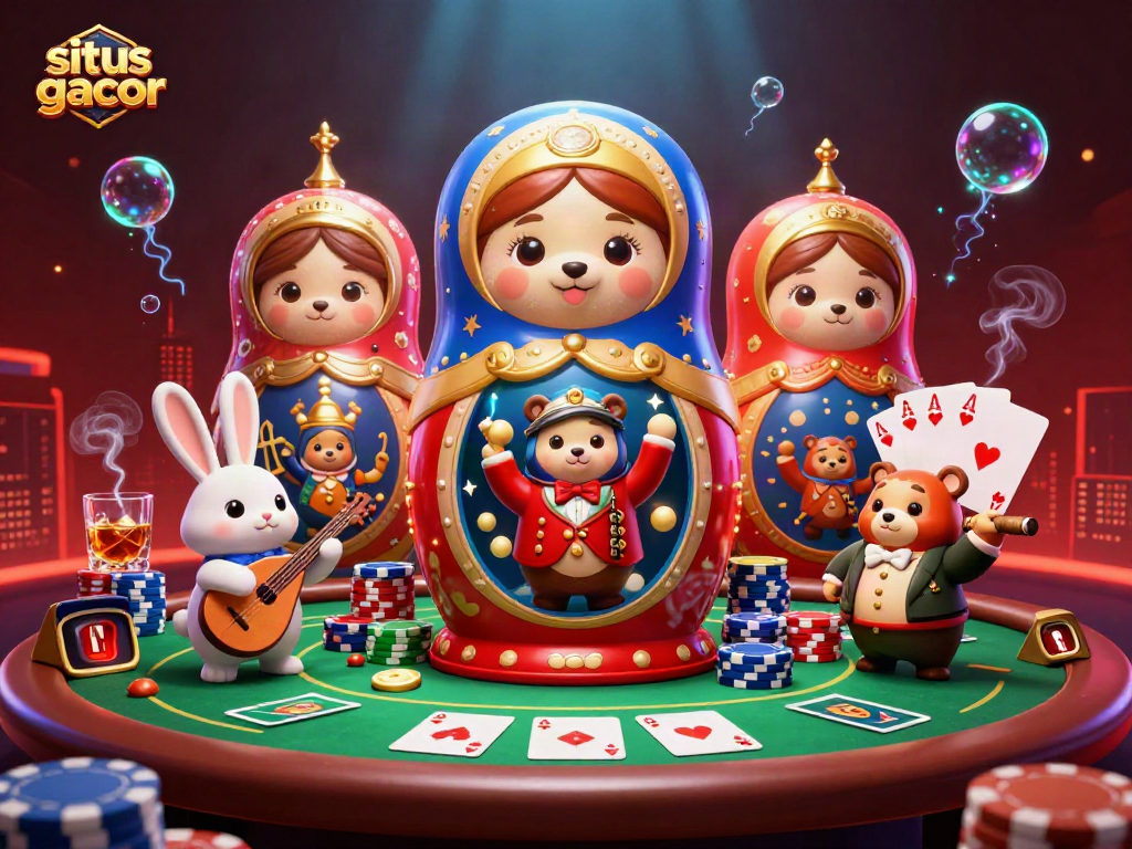 Experience the vibrant world of situs gacor with cartoon characters at a lively poker table.