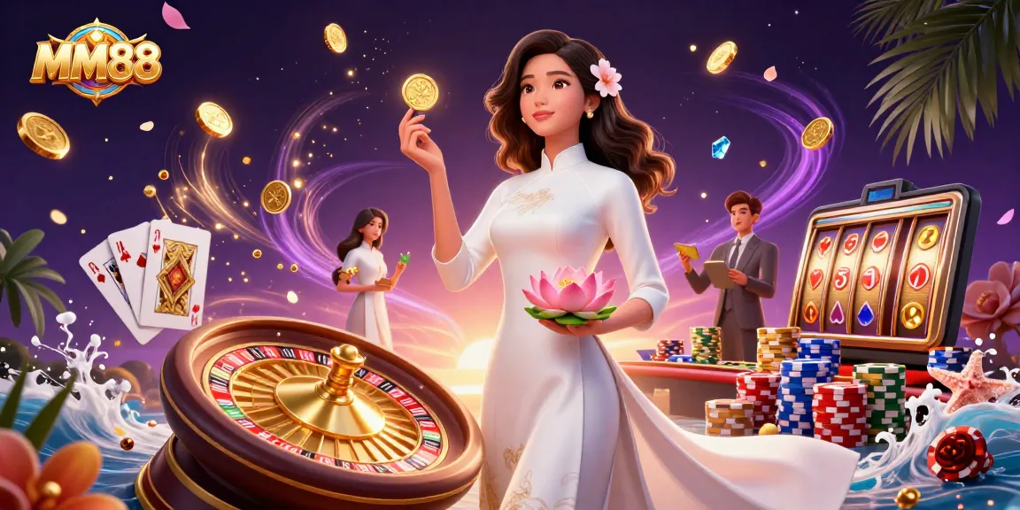 Celebrate winning moments with MM88 in this vibrant and dynamic 3D casino illustration.