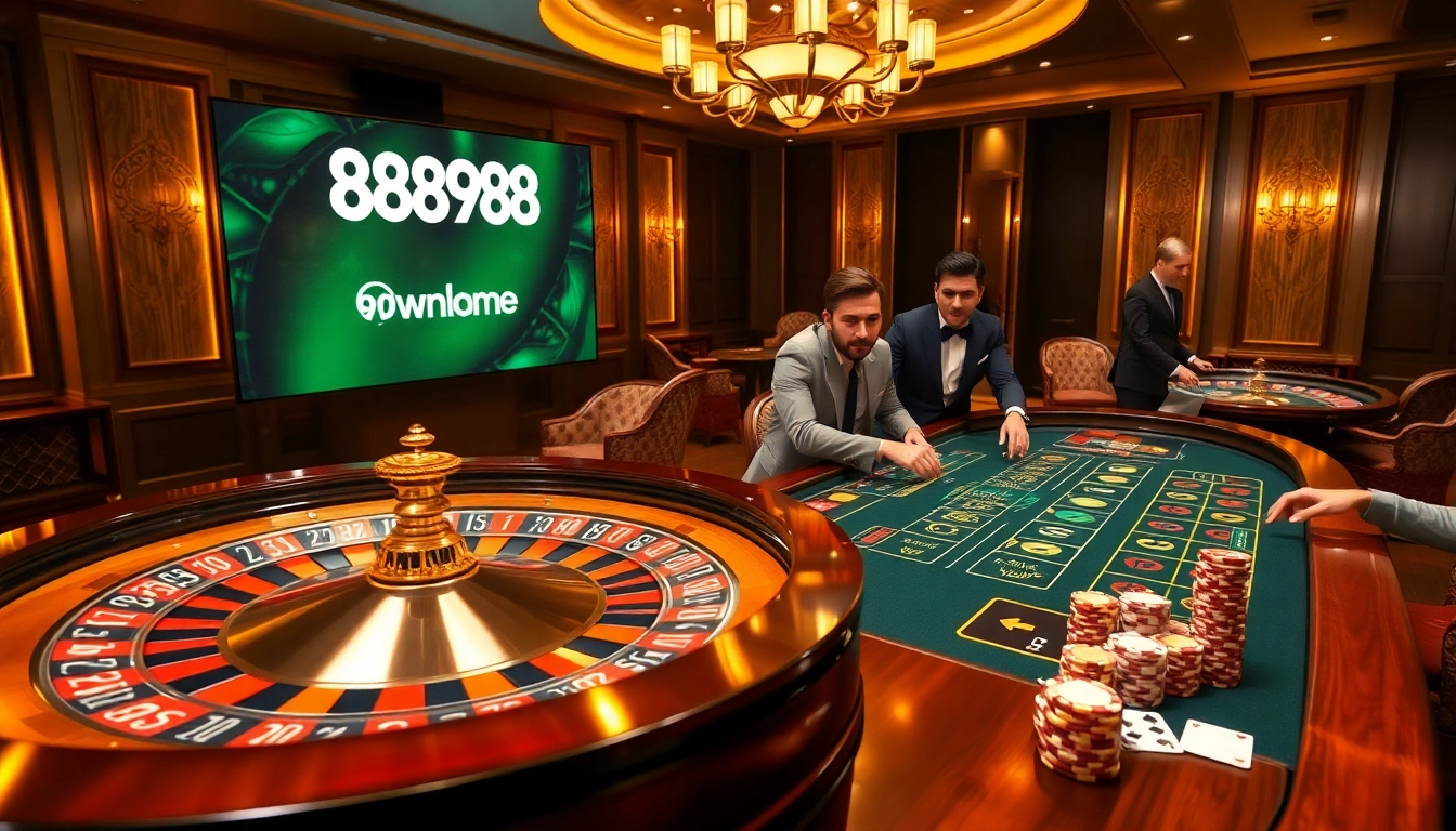 Experience the thrill of 98win98 with an exciting casino scene featuring a roulette wheel and poker action.