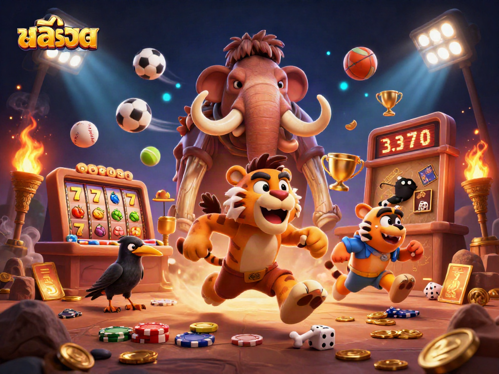 Play สล็อต at a prehistoric casino with cavemen in a vibrant, dynamic scene.