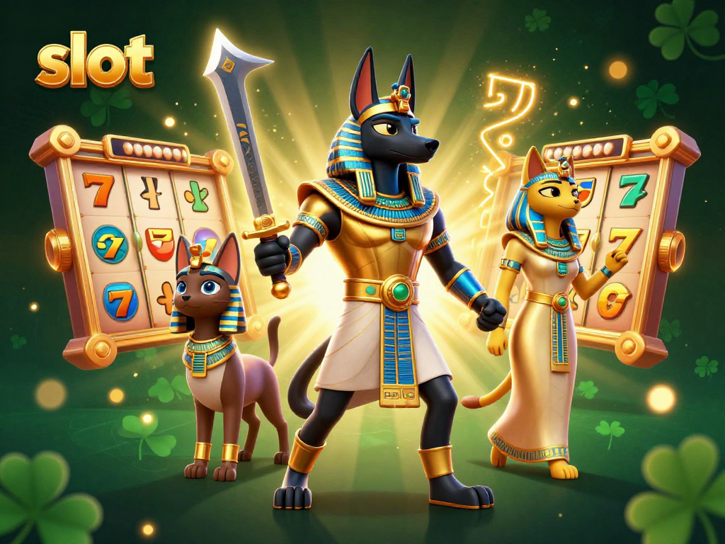 Spin slot reels with Anubis and Bastet in a rich 3D scene filled with glimmering jackpot treasures.