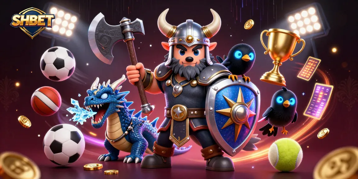 Experience thrilling action at SHBET with dynamic 3D illustration of gaming elements and characters.