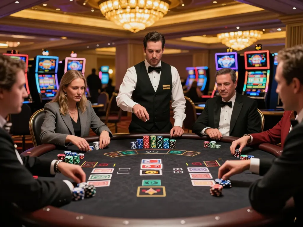 Players engaged in a thrilling blackjack game at a Vegas casino, showcasing the excitement of XX88 gambling.