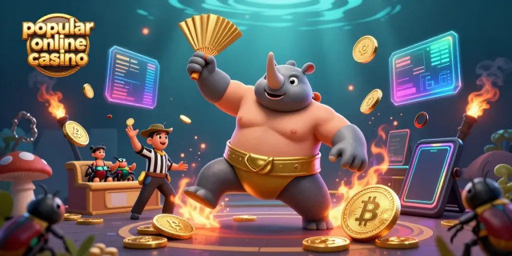 Experience the thrill at a popular online casino with a vibrant scene featuring a rhinoceros beetle sumo champion amidst Bitcoin and Ethereum coins.