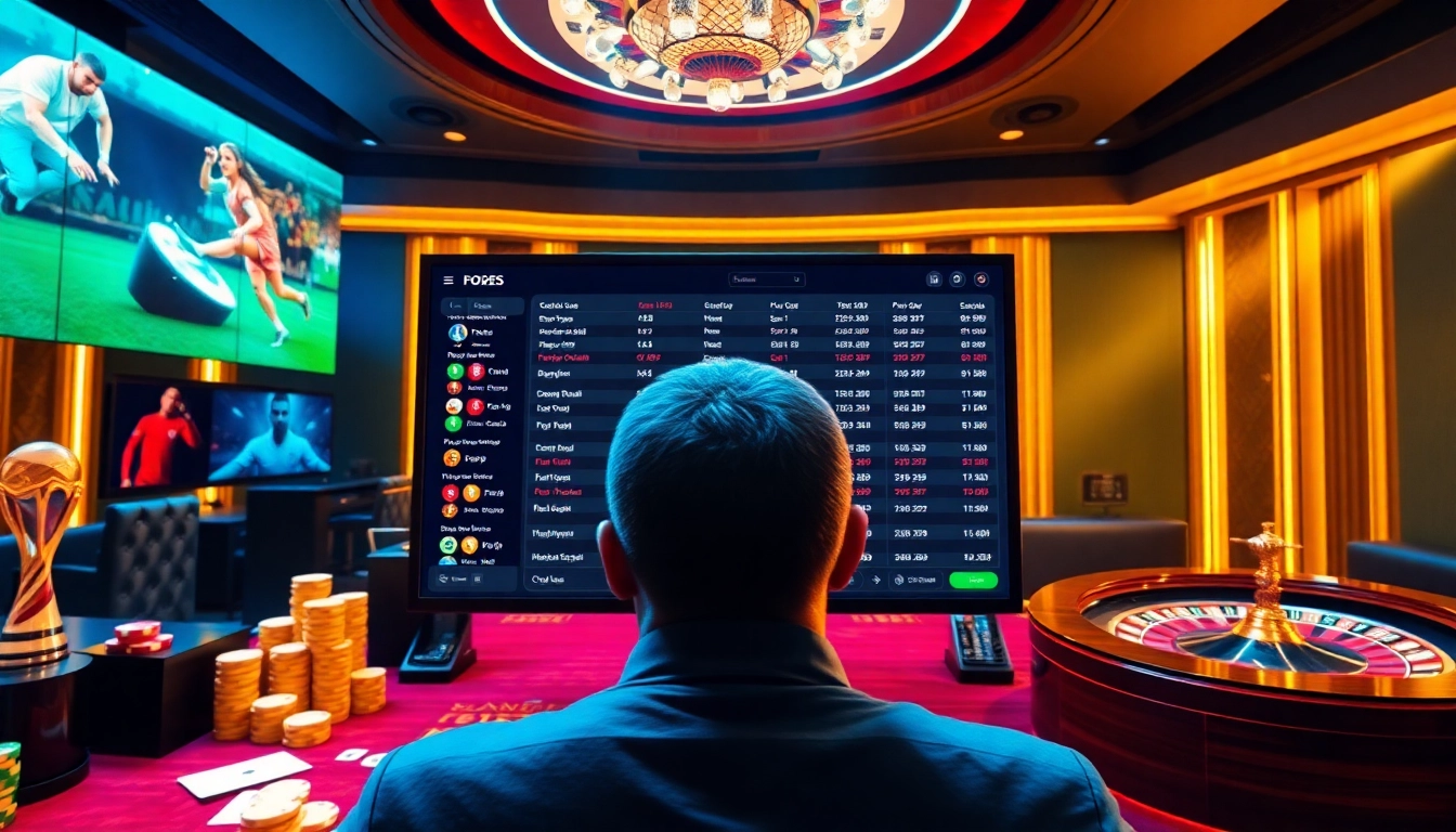 Situs Judi Bola Piala Dunia 2029 betting interface showcasing live odds and action amidst a vibrant casino environment.