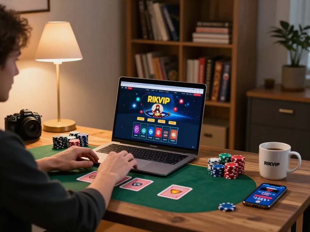 Engaging online gaming scene featuring RIKVIP casino interface on laptop, promoting responsible gambling at https://tairikvip.co