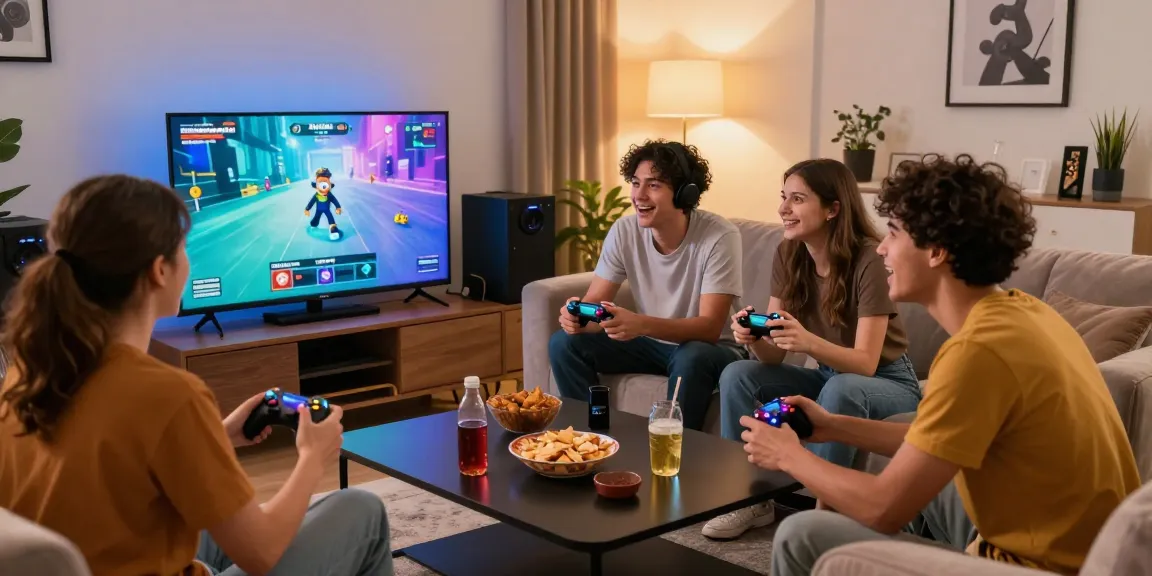 Engaging group playing Raja Game login on a console in a vibrant living room.