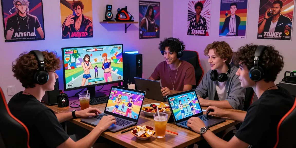 Friends engaged in a gay ecchi game in a vibrant gaming lounge setting, highlighting camaraderie and excitement.