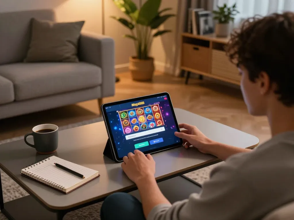 Mega888 login Malaysia shown on a tablet during an exciting online gaming session in a cozy home environment