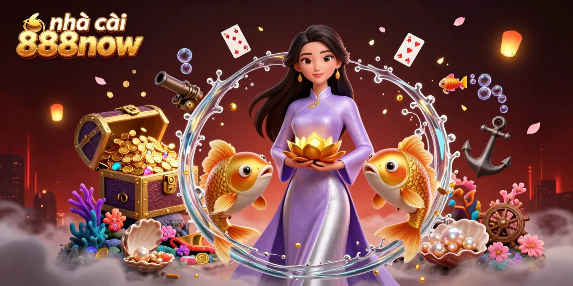 Engage with nhà cái 888now through this vibrant casino scene featuring an elegant Asian woman and dynamic game elements.
