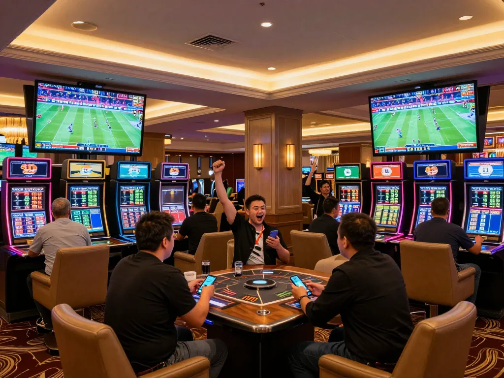 Excited bettors engaging with the nowgoal sports betting platform in a modern casino